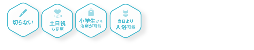 ワキ20分 土日祝日も診療 小学生から治療が可能 当日より入浴可能