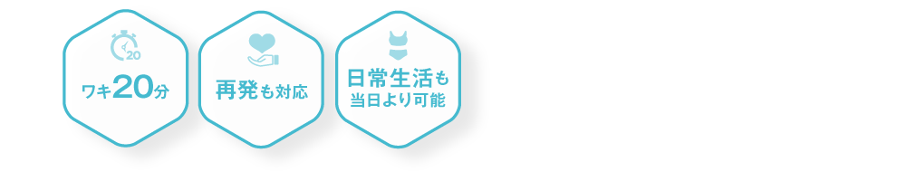 ワキ20分 再発も対応 院長が全て担当 日常生活も当日より可能